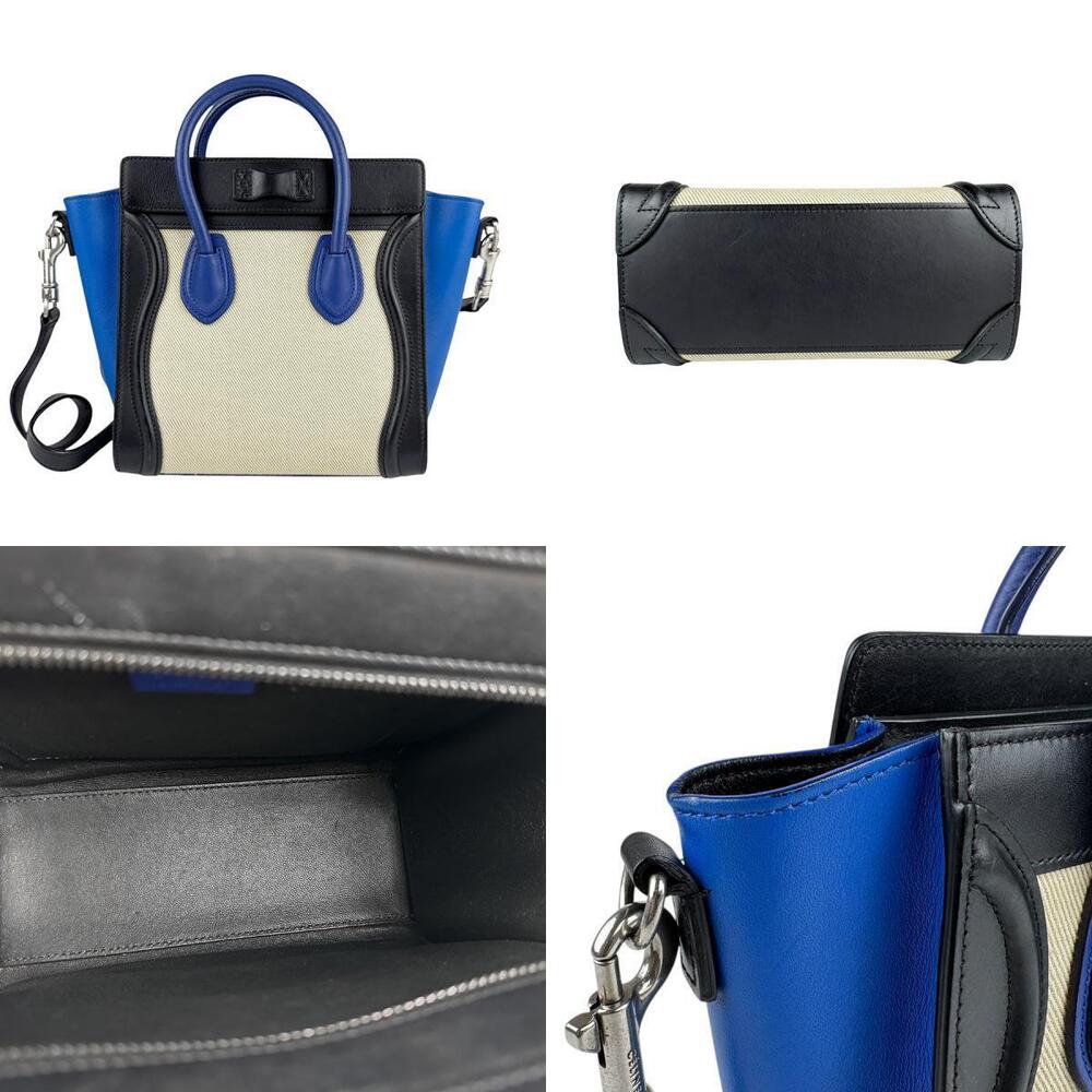 Celine Luggage Shopper Shoulder Bag Leather Canvas Black Blue Ivory White - Picture 3 of 4